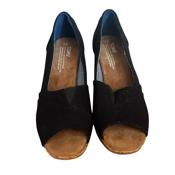 TOMS Black Canvas Peep Toe Cork Wedges NWOB | 7 - Picture 2 of 5